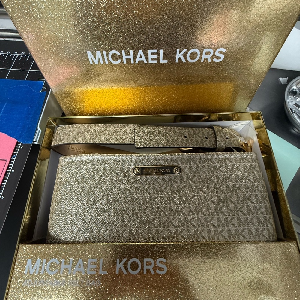 Michael Kors Gold and Cream Signature Wallet Belt Bag NIB